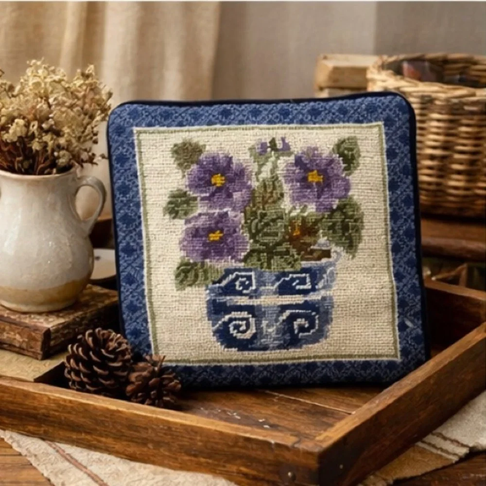 Vintage Needlepoint Floral Pillow Cover Wool Cotton 10” Blue Purple NWT Zipper